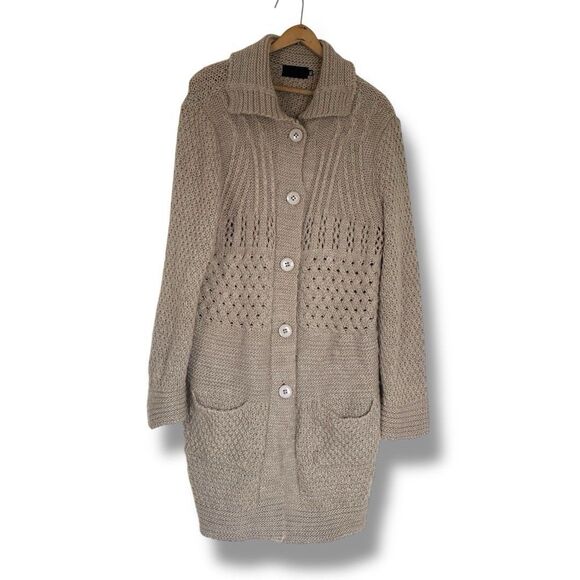 Mary Firenze Alpaca Wool Blend Button Up Long Sweater Made In Italy XL Tan - Picture 1 of 9